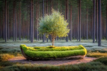 A small tree sitting on top of a moss covered boat in a forest
