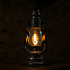 Antique Oil Lamp Flickering Flame In Dark Historical Setting