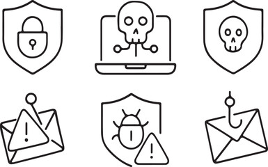 Cybersecurity Threat and Malware Warning Icons in Line Style