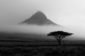 A lone tree in the middle of a foggy field with a mountain in the background