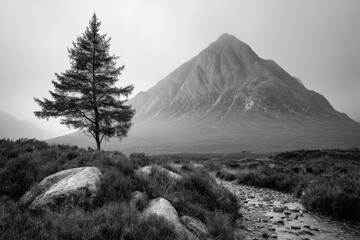 A lone tree in the middle of a grassy field next to a mountain