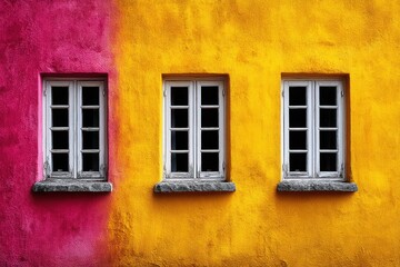 Three windows on a yellow and pink wall