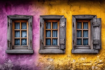 Three wooden windows on a colorful wall with shutters
