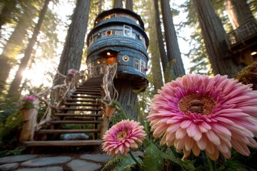 A pink flower in front of a tree house in the woods