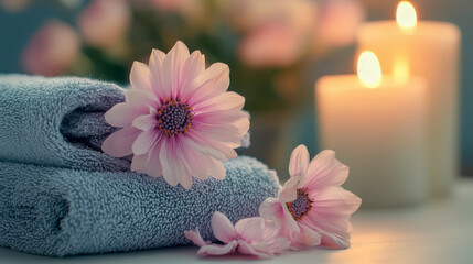 Serene Spa Setting With Towels And Flowers