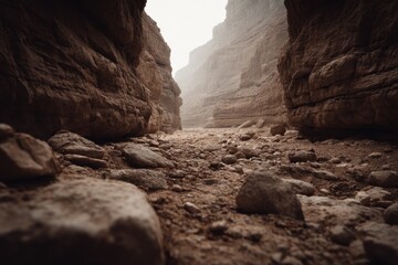 A narrow canyon in the middle of a desert with rocks and boulders