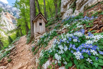 A small outhouse in the middle of a forest filled with flowers