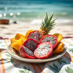 Ceramic Plate With Tropical Fruits On Beach Picnic Setting