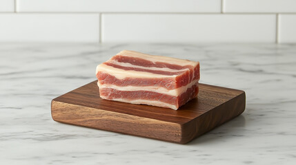 Fresh Sliced Pork Belly On Wooden Board