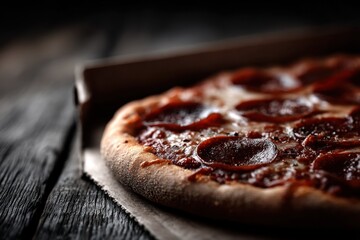 A pepperoni pizza sitting on top of a wooden table