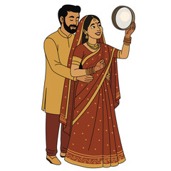 Obraz premium Illustration of Couple Celebrating Karwa Chauth Festival