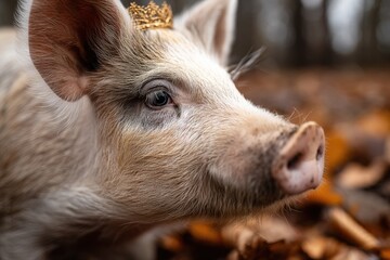 A pig with a crown on its head in the woods