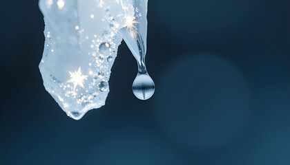 Frozen Water Droplet Hanging From Icicle In Winter Light