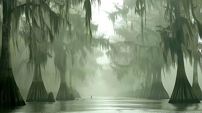 Eerie Beauty: The mystical cypress trees of a Louisiana swamp shrouded in morning mist