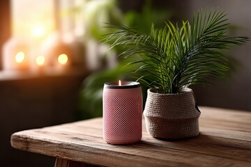 A pink candle sitting on top of a wooden table next to a plant