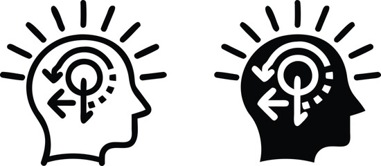 Human Head Brain Thinking Process Icon with Arrows in Black and White Vector