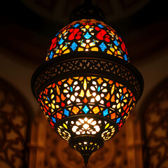 Hanging Moroccan Lamp With Intricate Patterns And Colored Glass