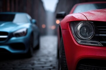 A red car parked next to a blue car on a city street