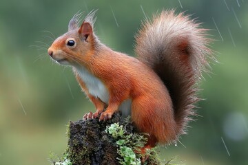 Obraz premium A red squirrel sitting on top of a tree stump in the rain