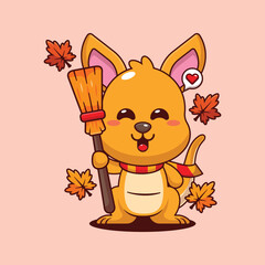Cute kangaroo holding broom in autumn day cartoon vector illustration