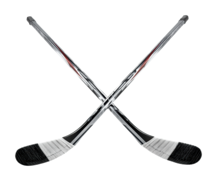 Hockey sticks crossed in sports equipment artistic display