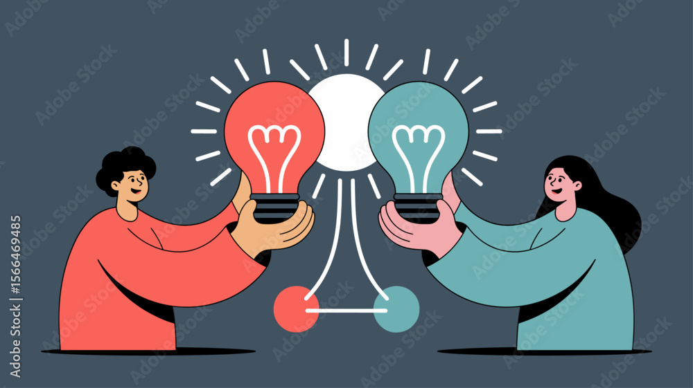 Poster two innovators connecting lightbulb ideas to form a bigger solution, vector illustration for creativ