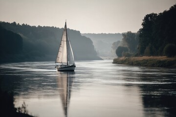 A sailboat floating on a body of water with trees in the background