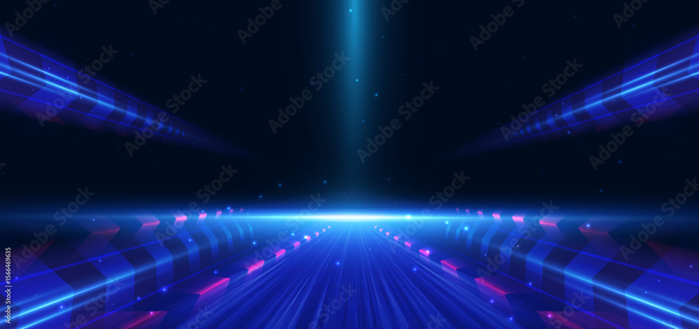 Poster abstract scene elegant blue arrow light lines on dark background with lighting effect and sparkle.