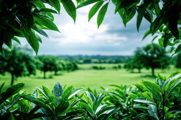 A view of a green field through the leaves of a tree