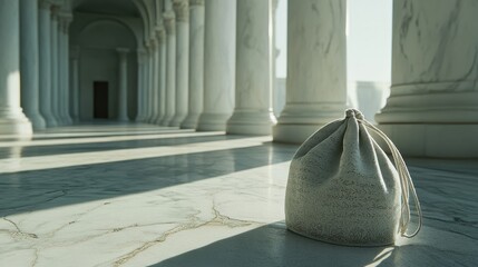 Elegant Bag on Marble Floor with Architectural Columns in Soft Light