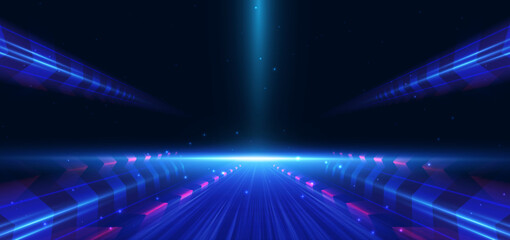 Fototapeta premium Abstract scene elegant blue arrow light lines on dark background with lighting effect and sparkle.