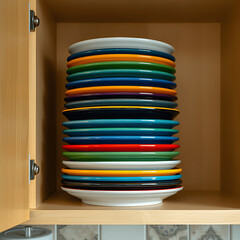 Stack Of Colorful Plates In Kitchen Cabinet Shelf Display