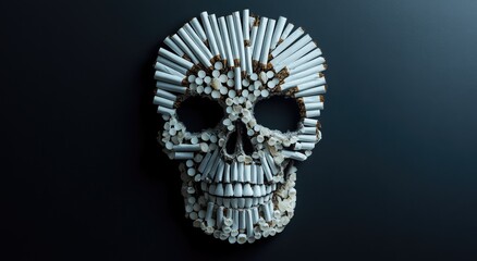 Cigarettes arranged in the shape of a skull on a dark background, a concept representing cigarette smoking and healthcare