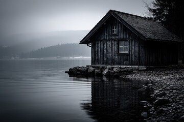 Obraz premium A black and white photo of a house by the water