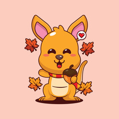Cute kangaroo with acorns at autumn season in autumn day cartoon vector illustration