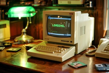 A photograph of a vintage 1980s beige computer resting on a polished wooden desk