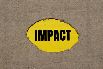 Impact message written on ripped torn cardboard paper on yellow background. Conceptual impact...