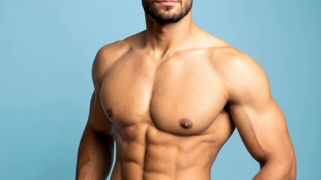Muscular athletic man displaying abs, chest and strong physique. Half shot on a blue background posing with hands in jean pockets.