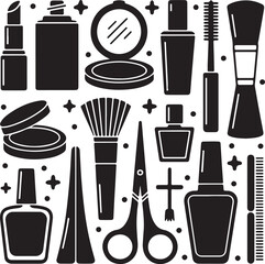 Black And White Beauty: A sleek array of cosmetics, from lipstick to nail polish, presented in a bold black and white palette. Perfect for minimalist designs or highlighting the essentials.