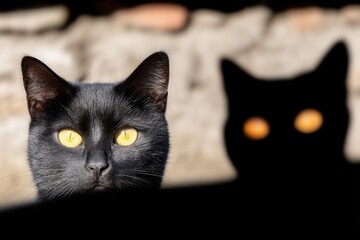 A black cat with yellow eyes looking at the camera