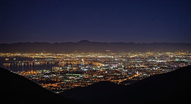 Fototapeta Breathtaking night cityscape view with distant mountains and starry sky