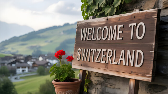 Welcome to Switzerland: A rustic wooden sign welcomes travelers to the picturesque landscapes of Switzerland, with a charming village nestled amidst rolling hills and lush greenery.