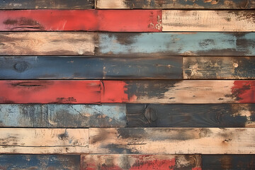 An abstract background shows a colorful vintage wooden surface painted with red, blue, and beige hues and rustic distressed textures.