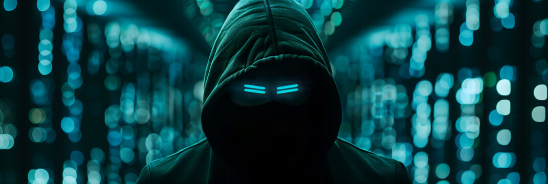 A mysterious hooded hacker glows with neon eyes in a dark, high-tech server room, ready to exploit vulnerabilities.