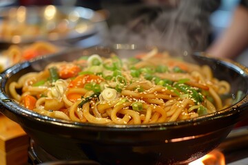 Udon noodle dish is garnished with sesame seeds and green onions, steaming hot in a black bowl