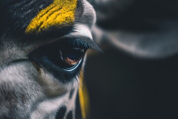  A close up of a zebra's eye with a yellow stripe on it's forehead