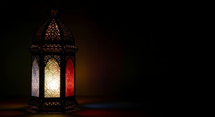 Decorative Arabic Ramadan Lantern Glowing in Darkness