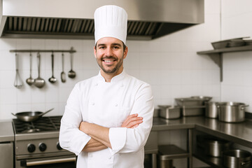 Smiling chef in white uniform standing in a commercial kitchen with arms crossed proudly posing for camera
