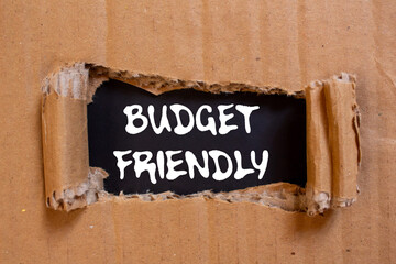 Budget friendly message written on ripped torn cardboard paper on black background. Conceptual...