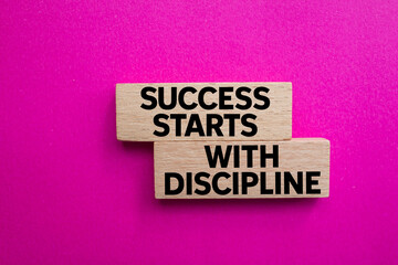 Success starts with discipline message written on wooden blocks on pink background. Conceptual...